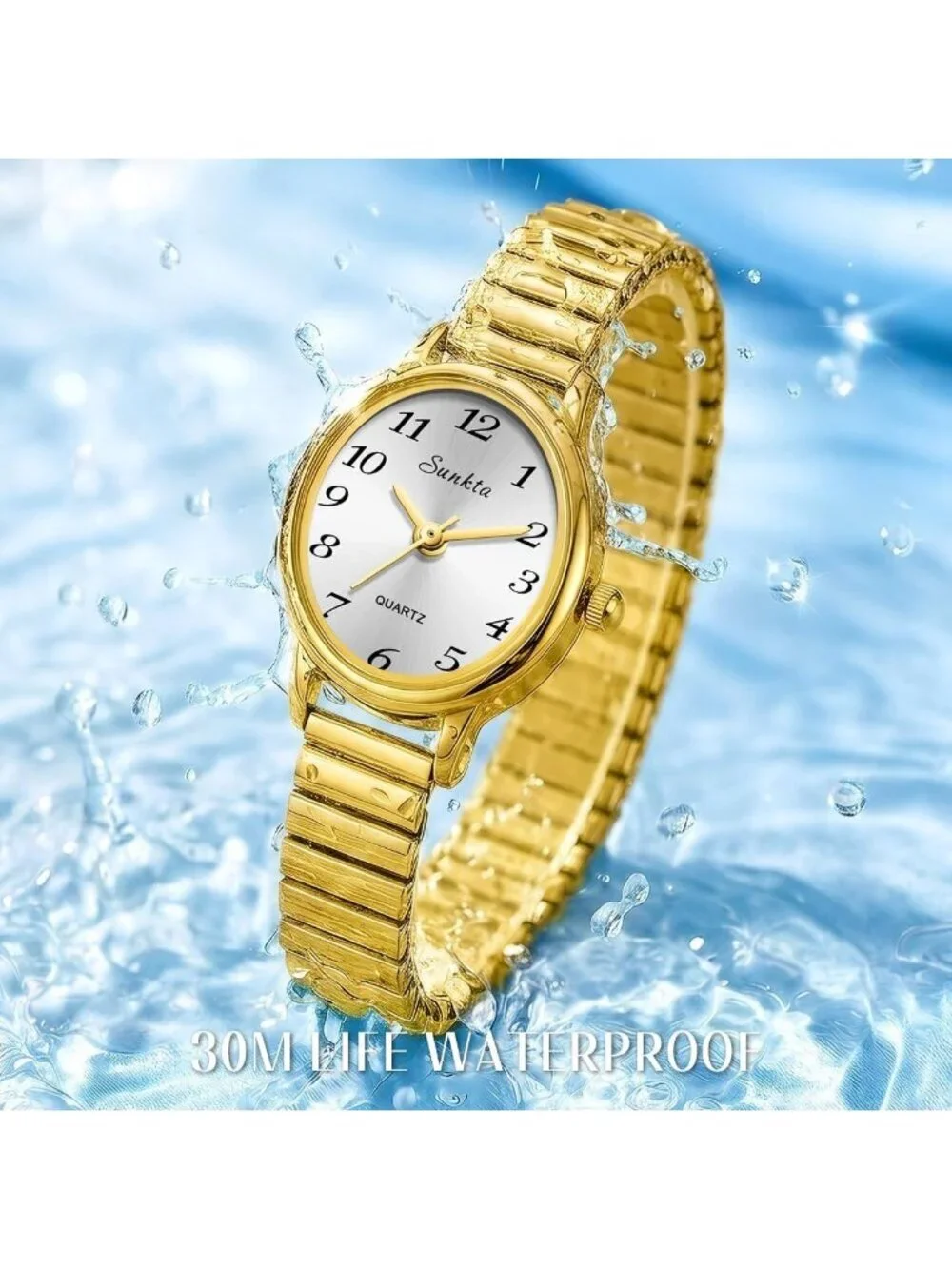 Women's Gold White Easy Read Oval Dial Analog Stainless Steel Bracelet Watch